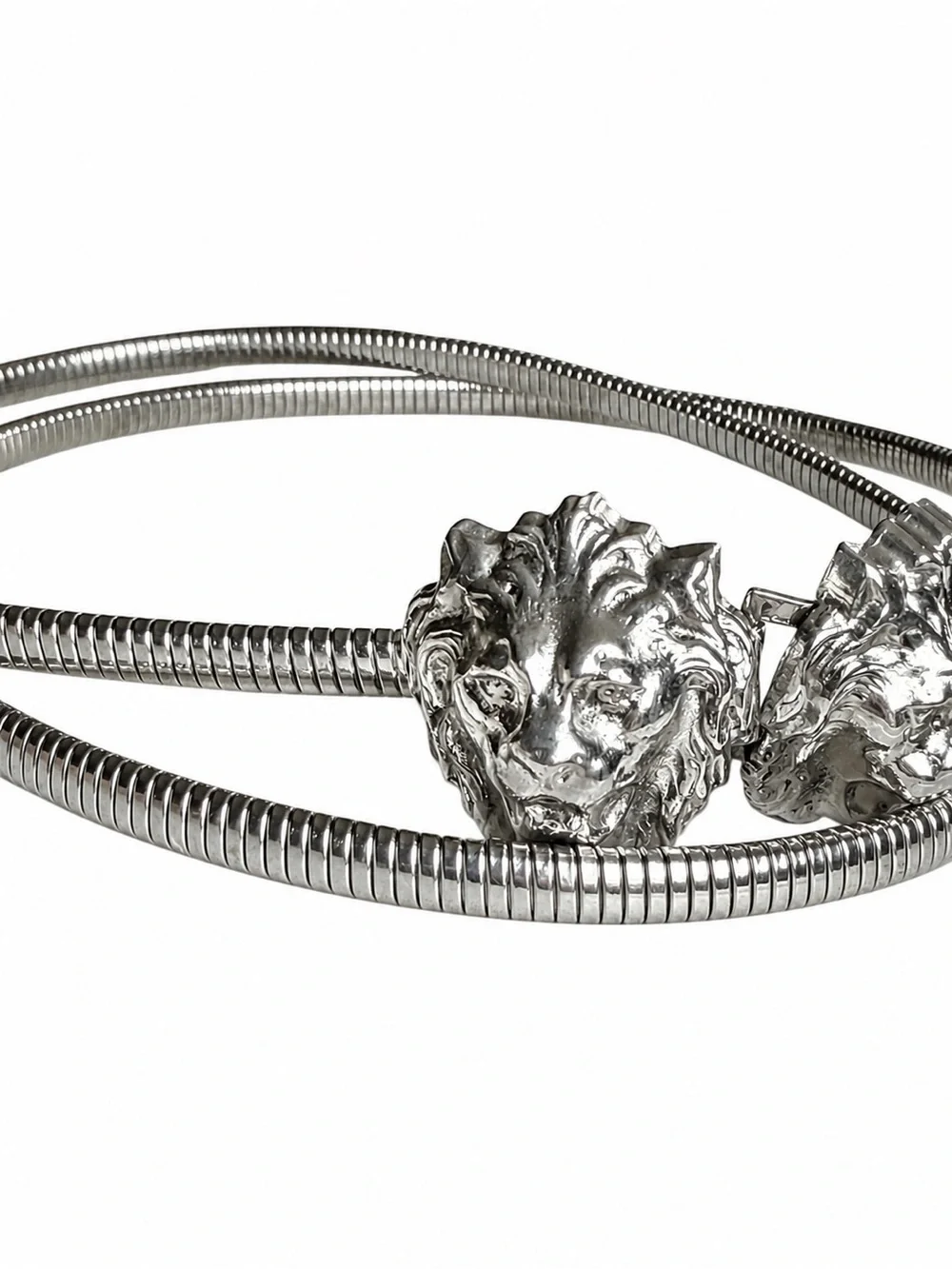Vintage Silvertone Thin Stretch Belt Double Lion Head Buckle Retro Glam